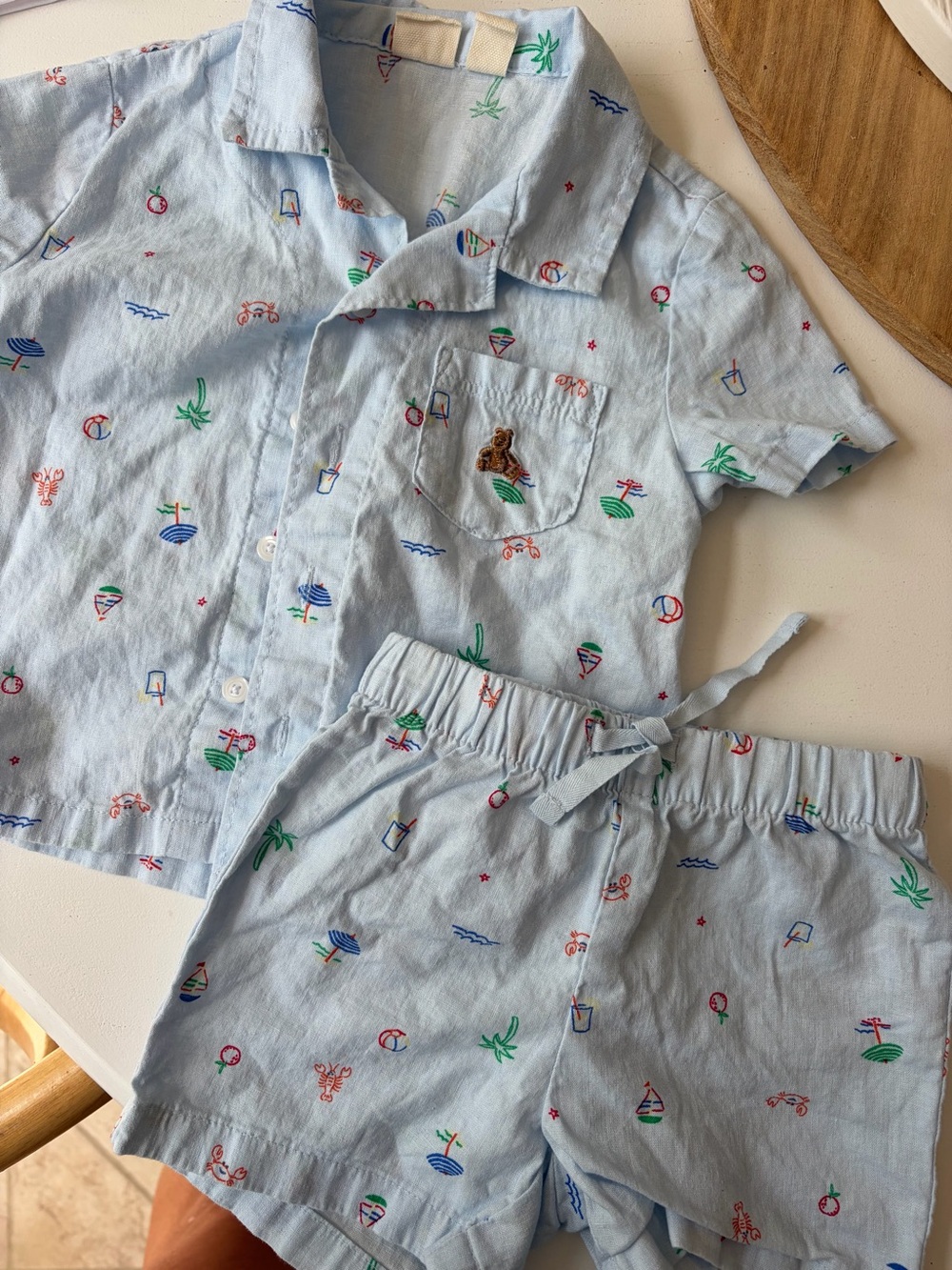 GAP Light Blue Short Sleeve Matching Set, Tropical print 12-18m